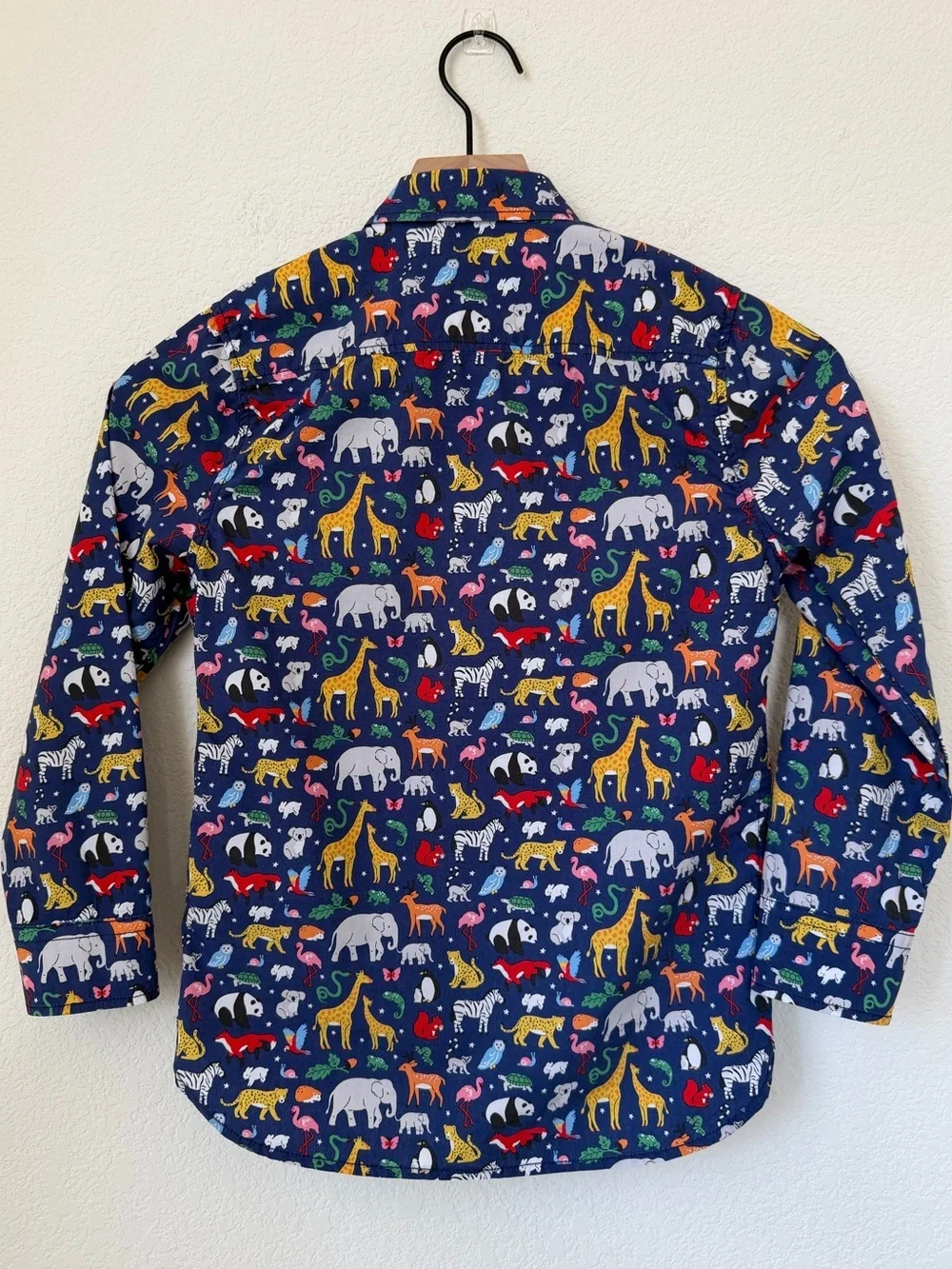 Mini Boden Navy Shirt with Colorful Animal Print 7-8